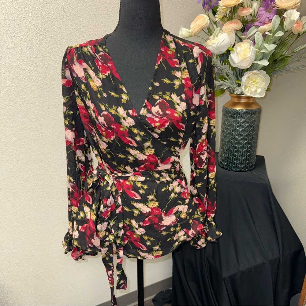 Chaps Black Floral Wrap Blouse Tie Waist Long Sleeve Romantic
